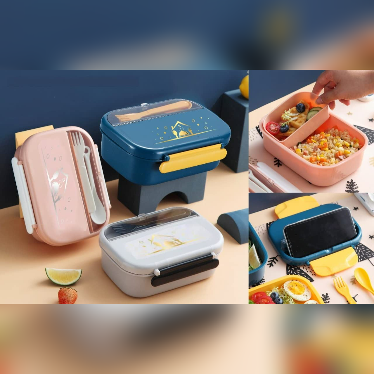 Rectangular blue and yellow insulated stainless steel kids lunch box with house and cutlery design, including fork. www.usmile.toys
